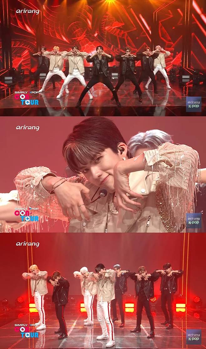 ‘심플리케이팝’ 트렌드지가 강렬하고 웅장한 퍼포먼스를 꾸몄다.사진=아리랑TV ‘심플리케이팝’방송 화면
