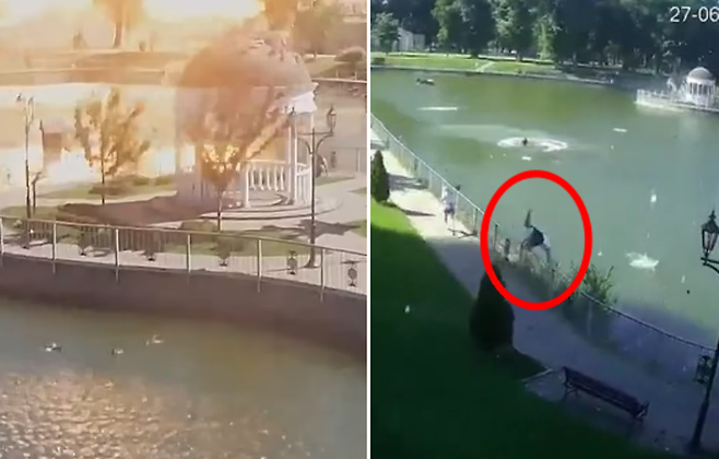 지난 27일(이하 현지시간) 오후 4시경, 우크라이나 중부 폴타바주(州) 크레멘추크의 쇼핑몰에 러시아 미사일이 떨어지자 인근 공원에 있던 시민들이 몸을 피하고 있다