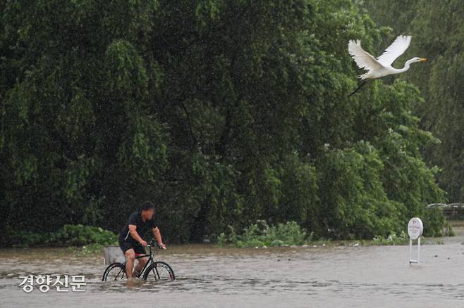 서울과 경기 전역에 호우경보가 내려진 30일 서울 반포한강공원 서래나루 관계자가 자전거를 타고 이동하고 있다. /성동훈 기자