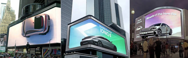 현대차의 전용 전기차 '아이오닉6'가 전작의 흥행을 이어갈지 기대된다. 사진은 뉴욕(왼쪽부터)·서울·런던의 옥외 광고판에서 아이오닉6 디자인이 동시에 공개되던 모습. /사진=현대차