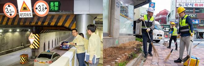 김진홍 부산동구청장이 취임 첫날인 1일 2020년 폭우로 인명피해가 발생한 초량 제1지하차도를 찾아 안전점검을 실시, 장마철 주민의 생명과 안전을 먼저 챙기며 사실상 업무를 시작했으며, 이어 쾌적한 환경 조성을 위해 묵묵히 역할을 다하는 환경관리원들과 함께 거리청소를 하며, 소통했다. /사진=부산동구청