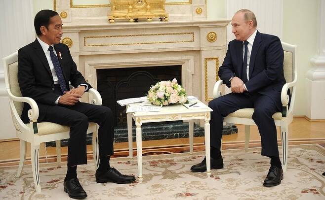 크렘린궁에서 회담하는 푸틴 대통령(오른쪽)과 조코위 대통령 (크렘린궁 배포 사진. 재판매 및 DB 금지)