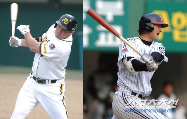 2005년 현대 유니콘스에서 뛰던 래리 서튼 롯데 감독과 LG 박용택. 스포츠조선DB