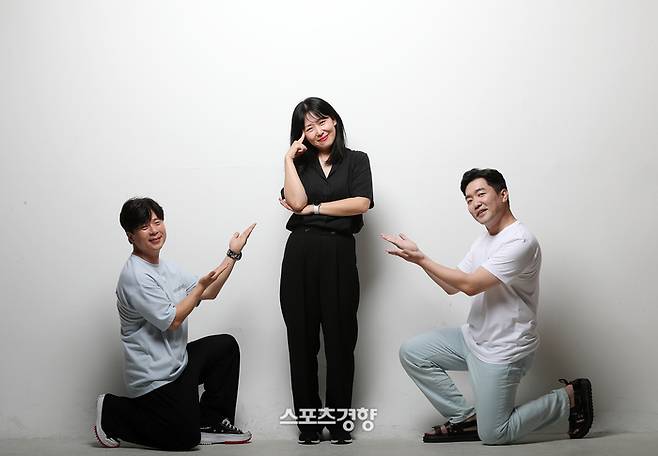 티빙 ‘유미의 세포들 2’에서 구웅, 김유미, 유바비의 사랑세포를 연기한 성우 정재헌(왼쪽부터), 안소이, 한신 | 정지윤 선임기자