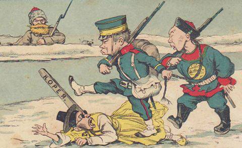 1890년대 청나라와 일본의 침략을 받은 조선과 그걸 멀리서 지켜보는 러시아 모습을 담은 만평.