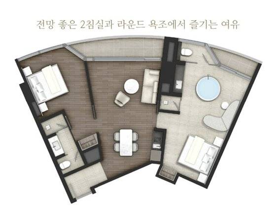 전방이 부채꼴이어서 조망 범위가 넓고 침실 두 개를 완전히 분리한 평면.