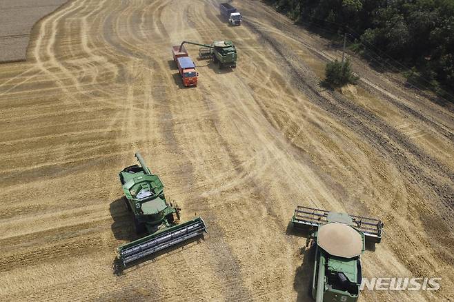 [트빌리스카야(러시아)=AP/뉴시스]2021년 7월21일 러시아 트빌리스카야 마을 근처 밀밭에서 농부들이 수확 작업을 하고 있다. 2022.02.15.photo@newsis.com