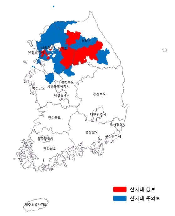 산사태 예보 발령지역. 사진 산림청