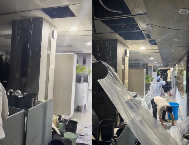 지난 8일 한국투자증권 서울 여의도 본사 5층에서 빗물이 누수되고 있다. 온라인 커뮤니티 캡처