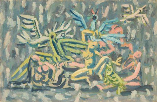 바닷가의 추억―피난민과 첫눈. 1950년대 전반, 종이에 유채, 32×49.5cm. 국립현대미술관 이건희컬렉션.