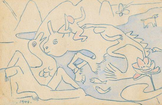 상상의 동물과 사람들, 1940, 종이에 먹지그림, 채색, 9×14cm. 국립현대미술관 이건희컬렉션