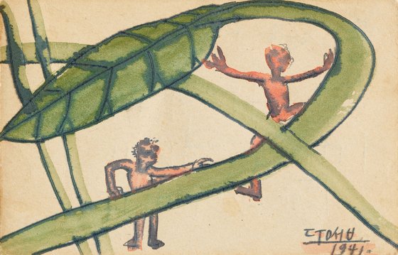 이중섭, 나뭇잎과 두 아이, 1941, 종이에 펜, 채색, 9X14cm.이건희컬렉션.[사진 국립현대미술관]