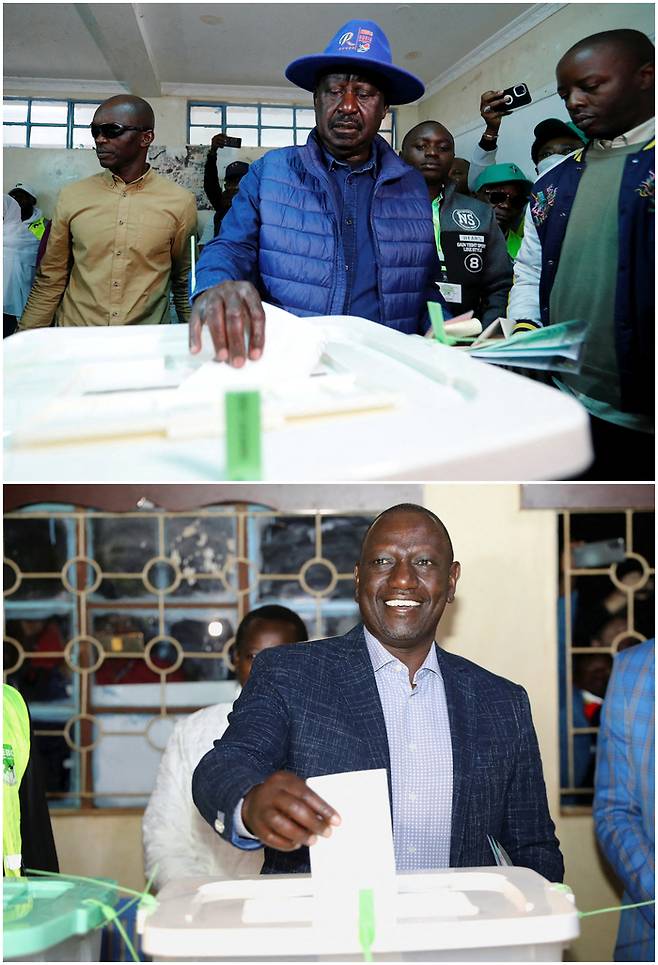 케냐 대선 유력후보인 라일라 오딩가 전 총리(위쪽 사진)와 윌리엄 루토 부통령이 9일(현지시간)  나이로비의 투표소에서 투표하고 있다. 나이로비|로이터연합뉴스