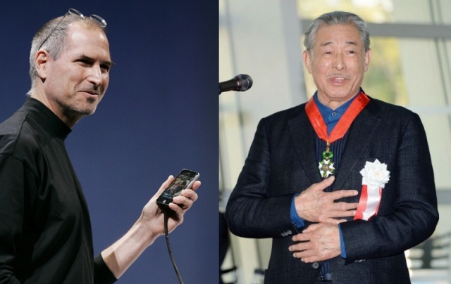 스티브 잡스 애플 공동창업자(왼쪽)의 터틀넥을 만든 것으로 유명한 일본의 세계적 디자이너 이세이 미야케(오른쪽)가 지난 5일 암 투병 끝에 숨을 거뒀다. AP연합뉴스