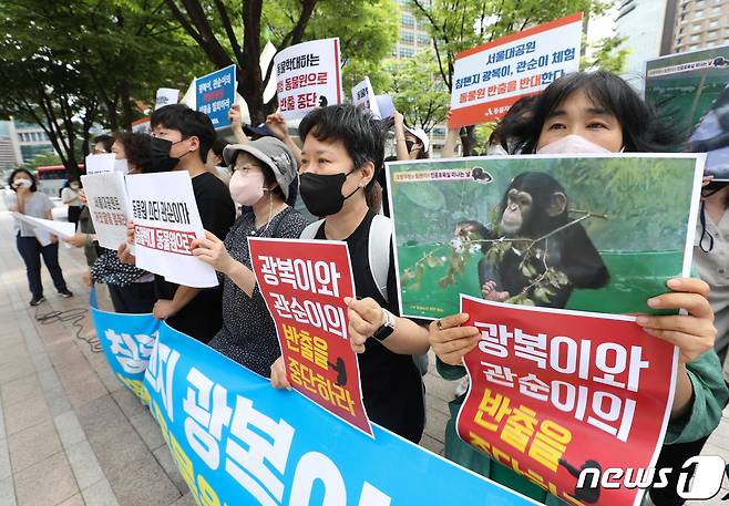 동물보호단체 회원들이 14일 서울시청 앞에서 기자회견을 갖고 서울대공원 침팬지 남매 광복·관순이의 반출을 중단할 것을 촉구하고 있다. 2022.6.14/뉴스1 ⓒ News1 신웅수 기자
