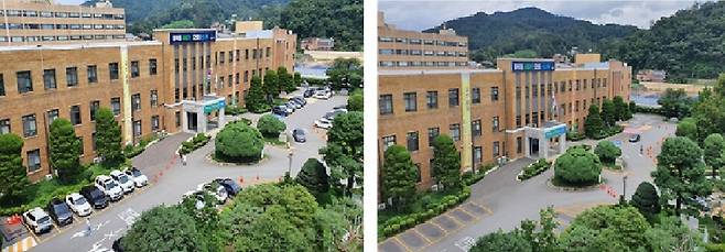 충북도가 13일부터 ‘차 없는 도청’을 자율적으로 운영하기로 했다. 지난 7일 차가 들어선 충북도청 본관(왼쪽), 8일 차가 없는 충북도청 본관(오른쪽). 오윤주 기자