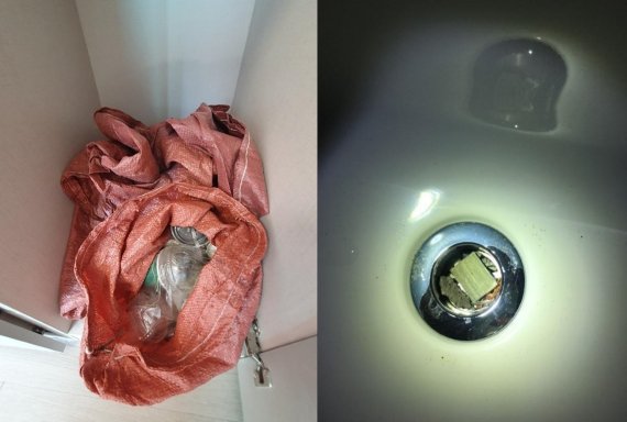 부산의 한 신축아파트에 방치된 공사장 쓰레기(왼쪽 사진)과 욕조 수챗구멍을 막은 폐자재. 온라인 커뮤니티 캡처