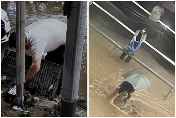 폭우가 내린 지난 8일, 9일 시민들이 배수구에서 쓰레기를 직접 건져내고 있다. 온라인커뮤니티 캡처