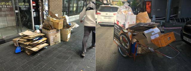 상업지구에 박스가 버려져있다(왼쪽). 공식적인 재활용품 수거업체가 치우기 위한 것이 아니라 비공식적인 재활용품 수집인들이 가져가게끔 배출한 상태다. 오른쪽 사진은 한 수집인이 끌던 리어카다. 지역 고물상과 함께 운영 중인 경량 리어카로 고물상과 협업하는 구조를 만든 점에 주목할 만하다. 촬영 소준철