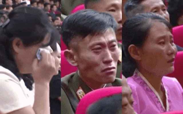 지난 10일 열린 북한 전국비상방역회의 연설에서 김여정 부부장이 김정은 국무위원장의 고열 소식을 전하자 관객석에서 참석자들이 눈물을 흘리고 있다. 로이터 유튜브 영상 캡처