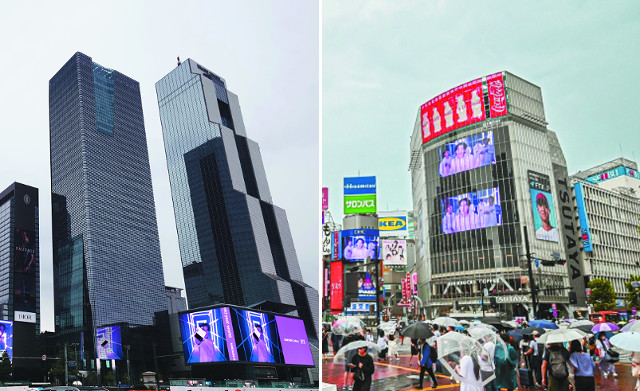 삼성전자의 ‘갤럭시 Z 플립4’과 BTS가 함께한 디지털 영상이 지난 13일 서울 강남구 삼성역 사거리(왼쪽)와 일본 도쿄 시부야(오른쪽)에서 상영되고 있다. 삼성전자 제공