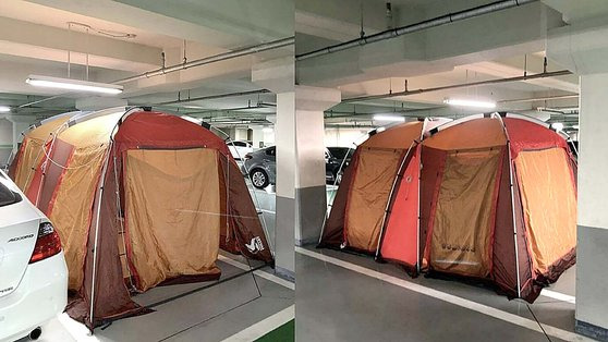 아파트 지하주차장에 텐트가 설치된 모습을 목격했다며 한 네티즌이 공유한 사진. 사진 보배드림 캠처