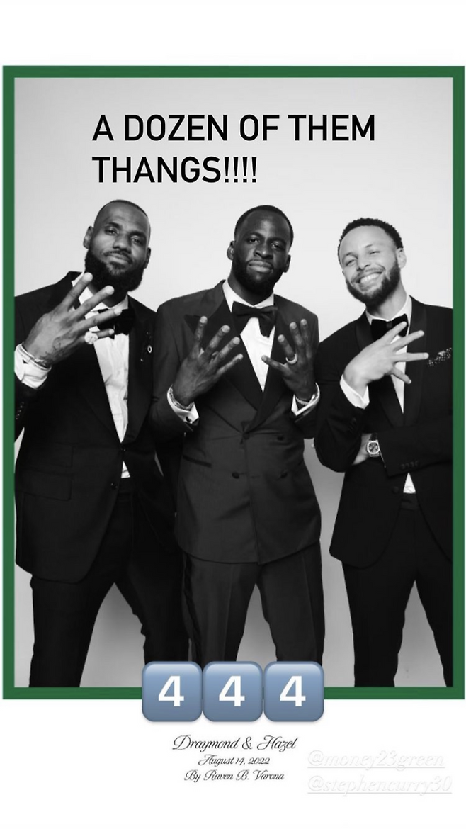 여러 명의 리그 깡패라는 멘트와 함께 우승 4회를 가르키는 세리머리를 취한 드레이먼드 그린 그리고 스테픈 커리(오른쪽). 르브론 공식 SNS 제공