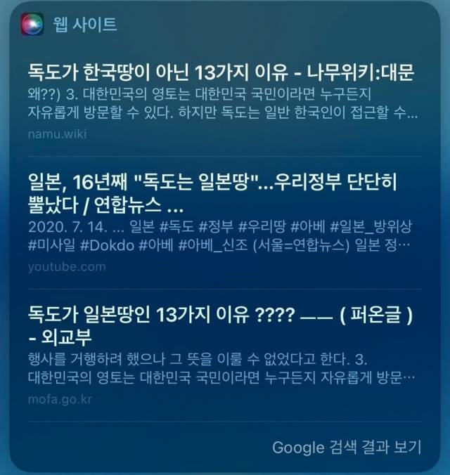 애플 인공지능 시리에 '독도는 누구 땅입니까'라고 물으면 안내되는 웹사이트. 반크 제공