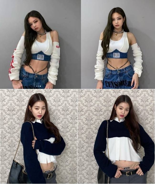 로우라이즈 스타일로 속옷을 노출한 제니(위)와 장원영. (인스타그램 갈무리)