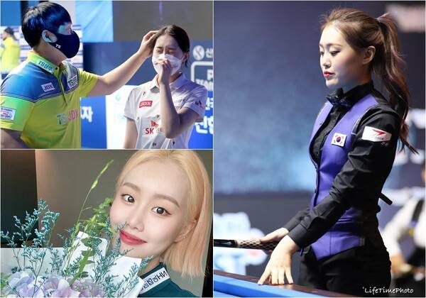 2020 팀리그 때 경기에서 맞붙은 부녀, 2018 아시아 3쿠션 선수권 대회 준우승 당시, 올해 열린 첫 팀리그서 퍼펙트큐 달성 후 받은 꽃다발. (왼쪽부터 시계방향으로) 사진=선수제공