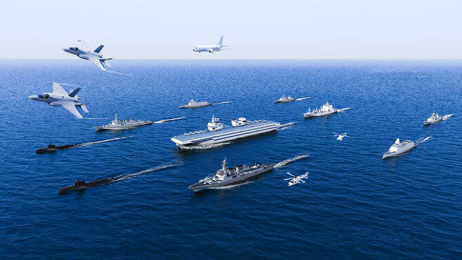 해군이 지난해 공개했던 경항공모함 전투단 상상도. 이지스함과 구축함 등이 경항모를 호위하는 모양새다. 세계일보 자료사진