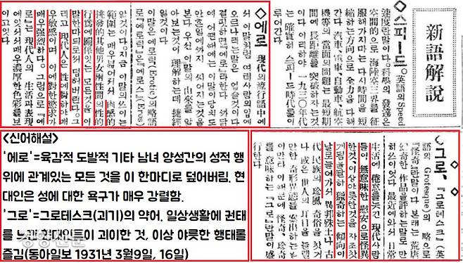 당시 신문은 ‘에로’는 ‘에로틱’, ‘그로’는 ‘그로테스크’(괴기·grotesque)의 줄임말이라 하면서 삶의 권태를 느낀 현대인들인 성에 대한 욕구가 강렬하며, 괴기스럽기까지 한 행태를 벌인다고 소개했다.