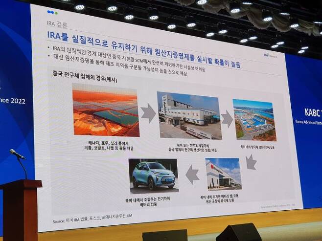 김광주 SNE리서치 대표가 20일 서울 한국과학기술회관에서 열린 KABC 2022(Korea Advanced Battery Conference)에서 '글로벌 배터리 시장 전망 그리고 핵심 이슈'에 대해 발표하고 있다.ⓒ데일리안 조인영 기자