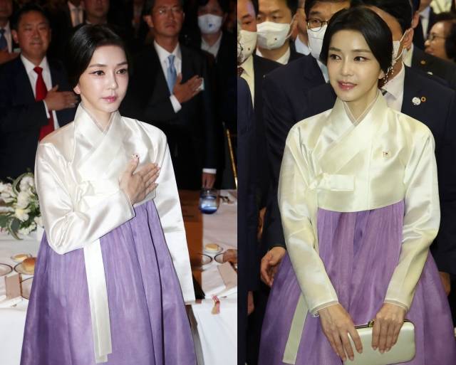 윤석열 대통령 부인 김건희 여사가 20일(현지시간) 뉴욕 시내 한 연회장에서 열린 뉴욕 동포 간담회에서 국기에 대한 경례를 하고 있는 모습(왼쪽 사진)과 행사장에 입장하는 모습. 뉴시스 연합뉴스