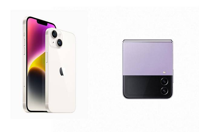 애플 '아이폰14'(왼쪽)와 삼성 '갤럭시Z플립4'. /사진=각 사