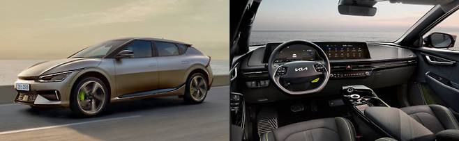 다음달 4일 출시 예정인 기아의 고성능 전기차 ‘EV6 GT’ 주행 장면(왼쪽 사진)과 차량 내부. 기아 제공