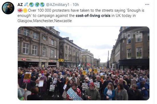 1일(현지시간) 에너지 요금 폭등을 견디다 못한 영국인들이 동시다발적으로 시위를 벌였다. 사진은 시위 소식을 전한 사회관계망서비스(SNS) 글. 사진=연합뉴스