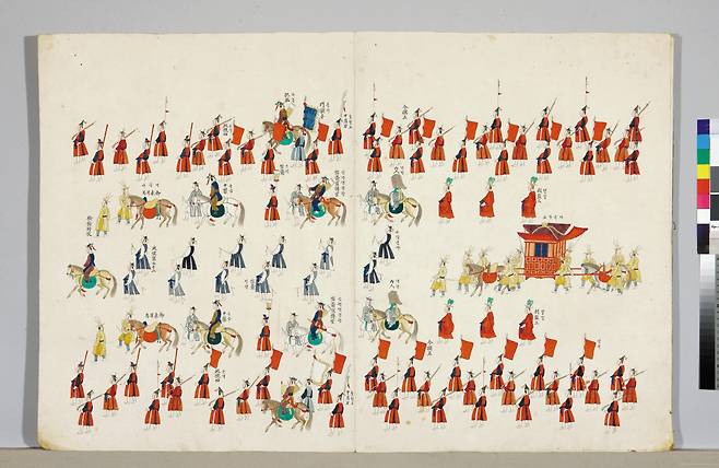 A section from "Uigwe," or manuscripts for royal protocol during the Joseon Dynasty, depicts King Jeongjo's Royal Parade in 1795. (National Museum of Korea)