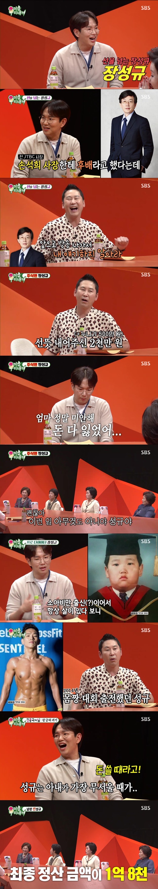 Broadcaster Jang Sung-kyu has revealed his past blowing his parents former property in a Share failure.On SBS My Little Old Boy broadcast on the 9th, Jang Sung-kyu appeared as a special MC and showed off his unstoppable gesture.2049 Target TV viewer ratings 4.9%, furniture TV viewer ratings 13.2%, 2049 TV viewer ratings for the third consecutive week and furniture TV viewer ratings for the first time.Seo Jang-hoon said, Jang Sung-kyu is a person who crosses the line well. He told Sohn Suk-hee that he was a junior and he was angry.So Jang Sung-kyu said, What is JTBC Sohn Suk-hee at that time?I came in when I was in the country, and Mr. Sohn Suk-hee came in two years later than me, he said.Then President Sohn Suk-hee laughed when he told him that he said, Do not go out and talk about me in the future.Jang Sung-kyu also attracted attention when he was a college student who wanted to raise his family, and told him that he had flown his parents former property to Share.My mother handed me a total of 25 million won, including 20 million won for loans and 5 million won for my sister.I was so greedy that I even touched high-risk stocks and eventually left about one million won to go and I blew them all away. When I cried and confessed, my mother said, Its okay.It is nothing like this. He gave his mother a thank you and a sorry heart.He also said that he was a child obesity and is on a diet for a lifetime. He also revealed his clothes when he was in the body contest at the age of 32.Jang Sung-kyu said that the most scary thing is that his wife spends money, and said, When I look at the card statement, my wife spends a lot of money.Recently, he bought a old house and left Interiors to his wife, who said, Finally, 180 million won has been spent. This house is going to be rebuilt in the future.It is a house that is broken down in 10 years, and when I divide 180 million into 10 years, I live with 120 monthly rent. 