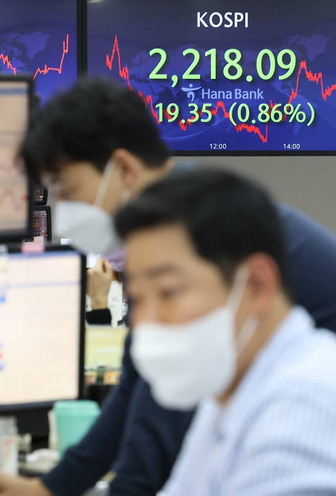 코스피가 전장보다 19.35p(0.86%) 내린 2,218.09 로 마감한 20일 오후 서울 중구 하나은행 딜링룸에서 딜러들이 업무를 보고 있다.(사진=연합뉴스)