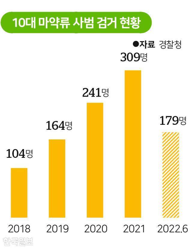 10대 마약류 사범 검거 현황. 그래픽=송정근 기자