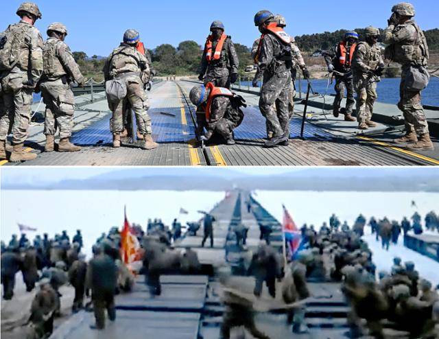 19일 경기 여주시 남한강 일대에서 열린 한미연합 제병협동 도하훈련에서 부교를 설치하고 있다(위 사진). 2017년 1월 서울 류경수에 105탱크사단의 도하 훈련에 참여한 북한군이 부교를 설치하고 있다. 여주=왕태석 선임기자·조선중앙TV 캡처