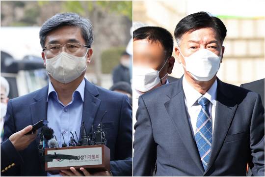 ‘서해 공무원 피격’ 은폐 의혹을 받고 있는 서욱 전 국방부 장관(왼쪽)과 김홍희 전 해양경찰청장이 21일 영장실질심사를 받기 위해 서초동 서울중앙지법으로 들어서고 있다. 연합뉴스