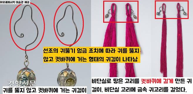 1572년(선조 5) 조선조 선조 임금이 ‘귀뚫고 귀고리 다는’ 풍습을 엄금하자 새로운 형태의 귀고리가 등장했다. 귀를 뚫지 않고 귓바퀴에 거는 귓바퀴 걸이, 즉 명실상부한 귀걸이가 등장한 것이다.|아모레 퍼시픽 미술관 소장