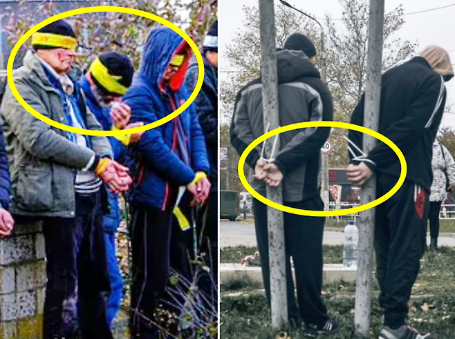 모자와 테이프 등으로 눈이 가려지고 손이 묶인 남성들이 우크라이나 헤르손 대로변에 서 있는 모습을 담고 있다. 이들은 러시아군 점령 당시 그들에게 협력한 혐의를 받고 있다