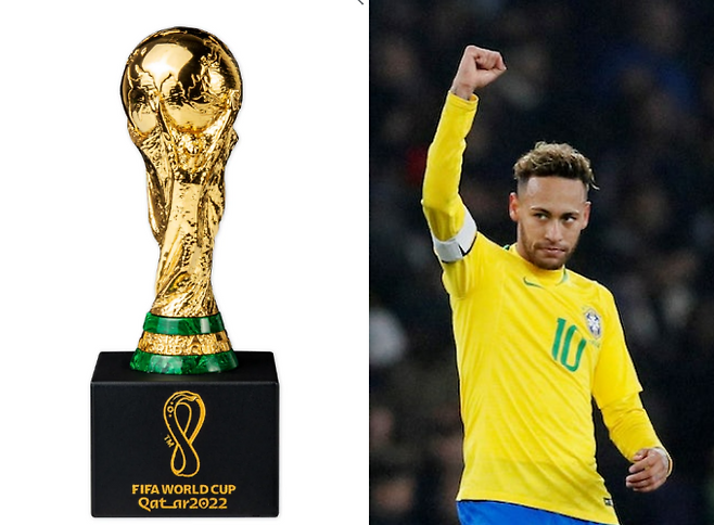 2022 카타르월드컵 우승트로피(왼쪽), 오른쪽은 브라질 간판 선수 네이마르(파리 생제르맹)