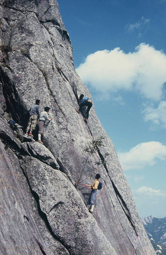 의대길 개척 직후인 1971년 9월 19일, 서울의대산악부 조수헌씨가 2피치 크랙을 등반하는 모습을 촬영한 사진.