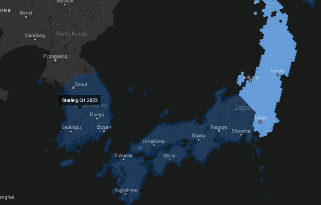 스타링크 지도에서 한국은 2023년 1월 서비스 지역으로 표시돼 있다. /사진=스타링크 서비스 지도