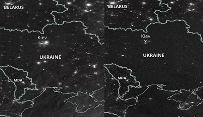 우크라이나 침공이 시작된 당일인 2월 24일과 지난 11월 24일의 위성사진. 러시아의 폭격으로 암흑이 된 우크라이나. 사진 NASA