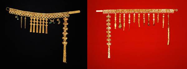 금령총 허리띠의 과판(꾸밈 쇠붙이)은 23점에, 길이는 74㎝ 정도이다. 동시대에 제작된 천마총 금허리띠(과판 44점, 길이 125㎝)에 비하면 상당히 작은 편이다. / 국립중앙박물관·국립경주박물관 제공